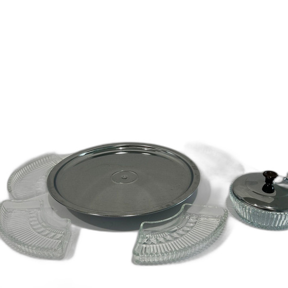 Vintage Kromex Lazy Susan Revolving Serving Platter Glass Inserts Chrome Base - Picture 5 of 12